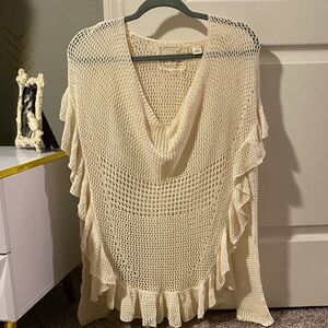 Anthropologie Cream Knit Sweater with Ruffle Accents
